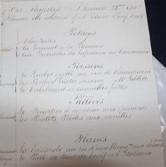 A George IV dinner menu dated 22nd October 1828 and a bespoke blue morocco folio album